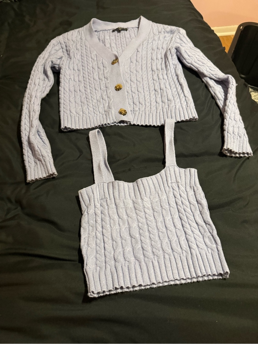 Light Lavender Cable Knit Cardigan+ skirt + Tank Set